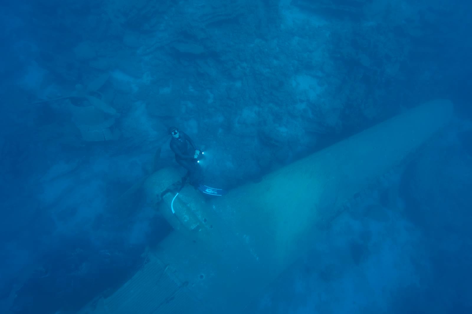 Apnéiste en descente vers l'aile immergée